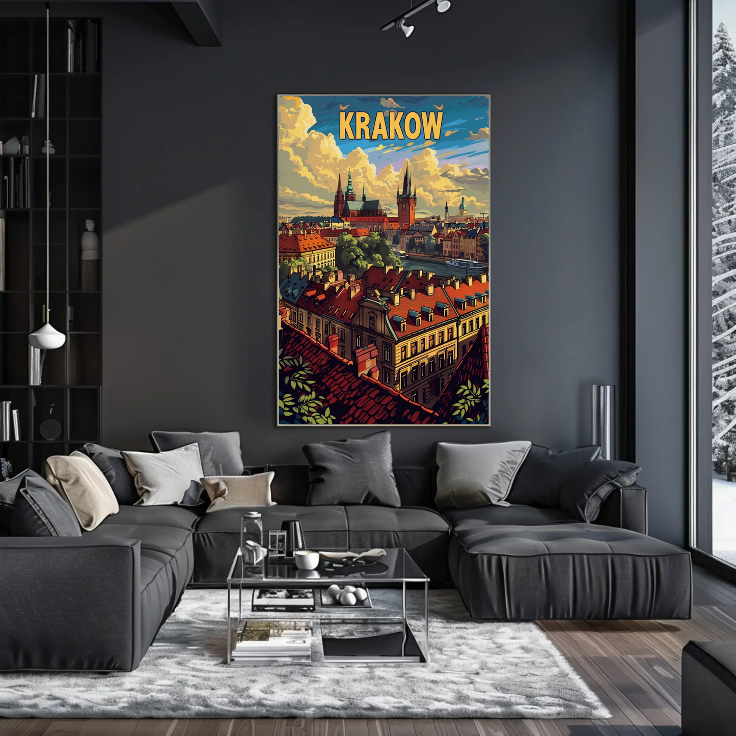 Evening Skyline Krakow Poland Travel Poster