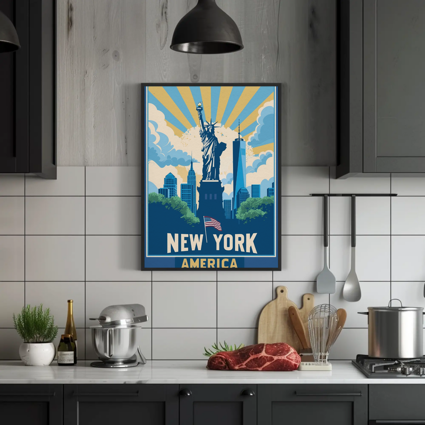 New York America Skyline Liberty Sunrise Vintage Travel Poster
