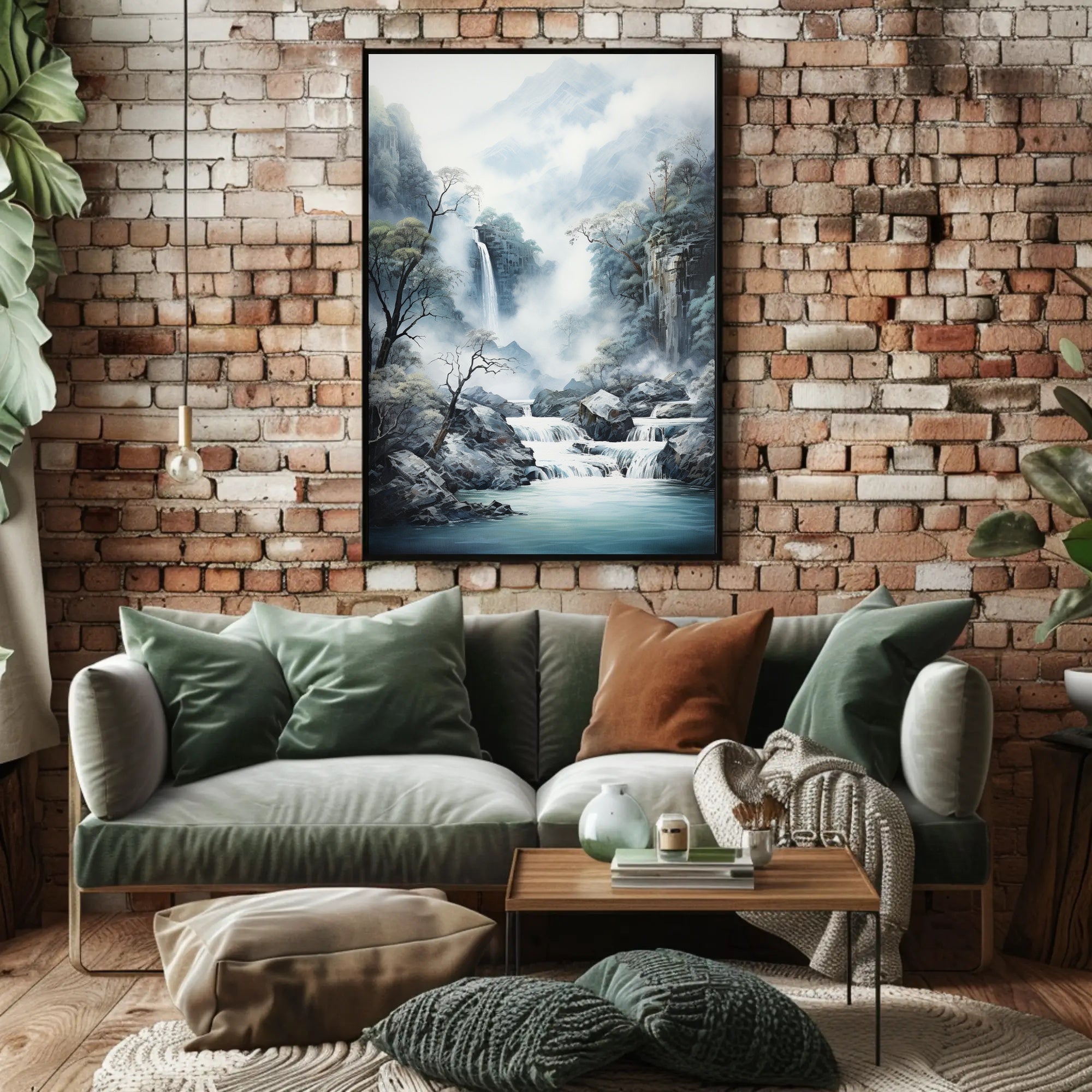 Tranquil Waterfall In Misty Mountains Poster