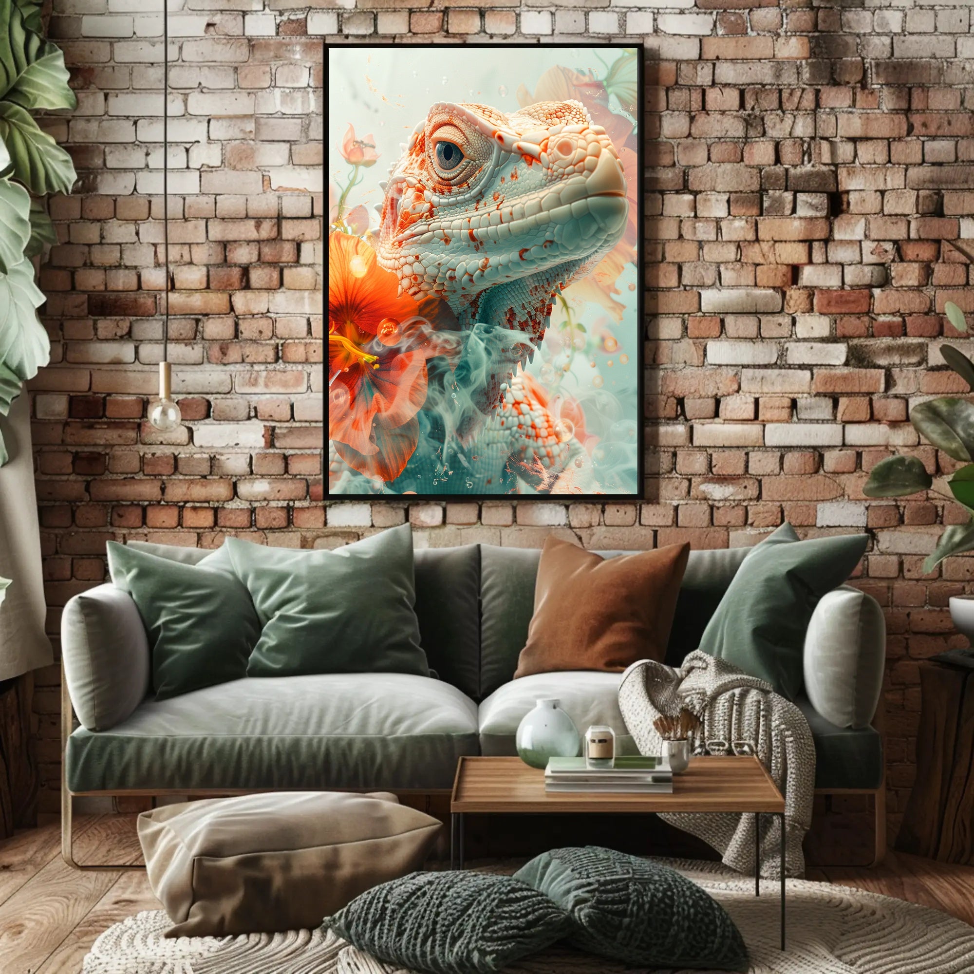 Lizard and Flowers: Ethereal Nature Art Poster PosterGoat