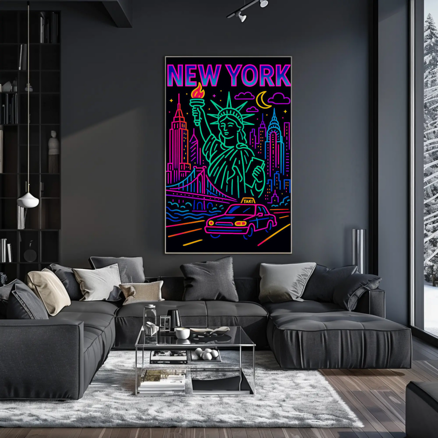 New York Neon Skyline Liberty Taxi Night Lights Travel Poster