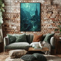 Mysterious Gothic Village Poster with Moonlit Atmosphere PosterGoat