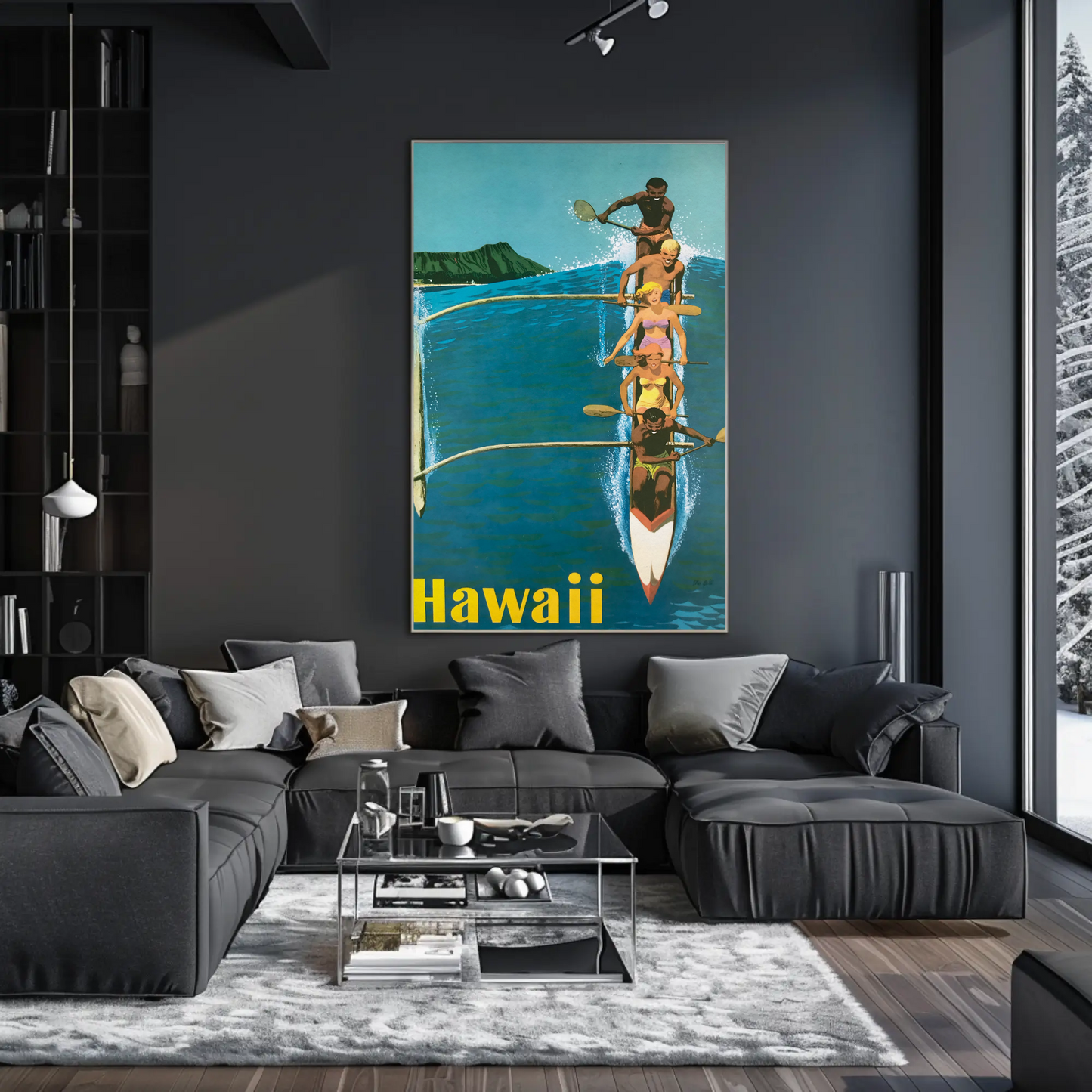 Hawaii Canoe Paddling Vintage Travel Poster Scene