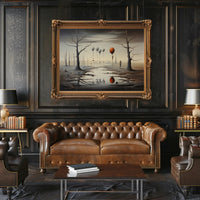 Surreal Landscape with Balloons and Figure Artistic Poster