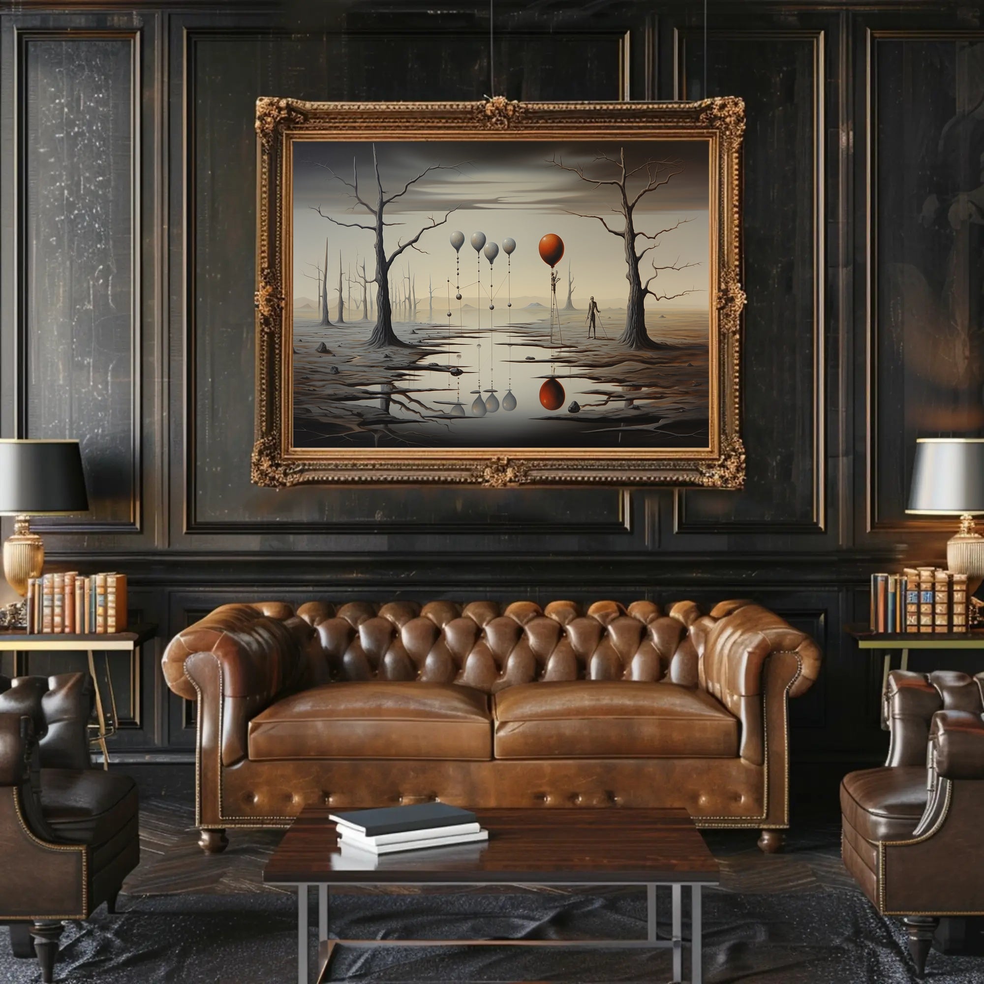 Surreal Landscape with Balloons and Figure Artistic Poster