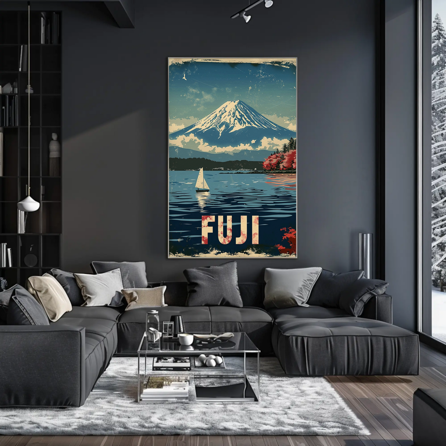 Fuji Mountain Sailing Scene Vintage Travel Poster