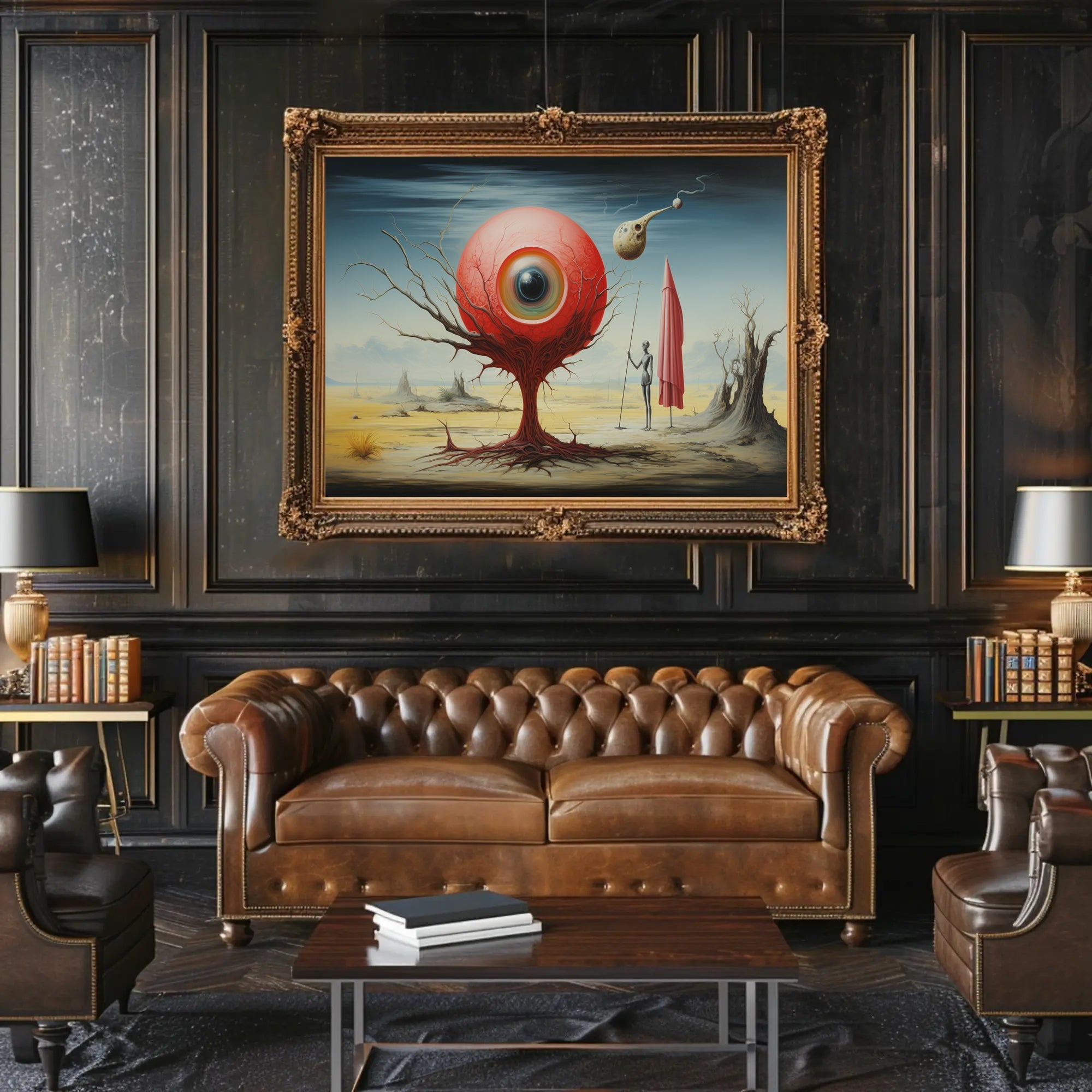 Red Sphere Desert Imagination: Futuristic Sci-Fi Poster