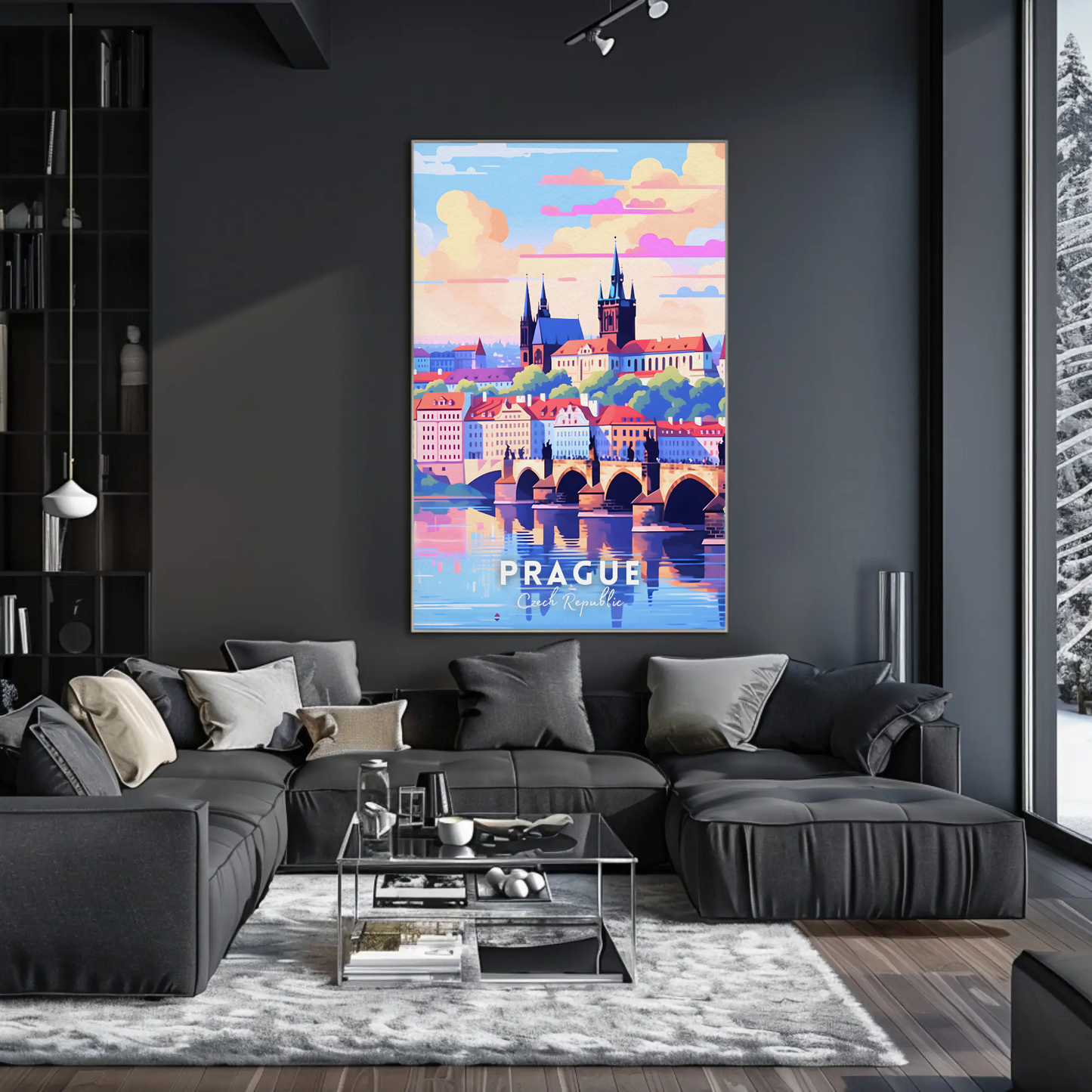Prague City Bridge Sunset Travel Poster