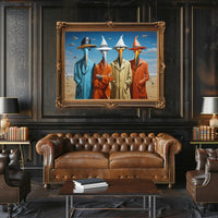 Surreal Characters in Elongated Beak Masks: Artistic Poster