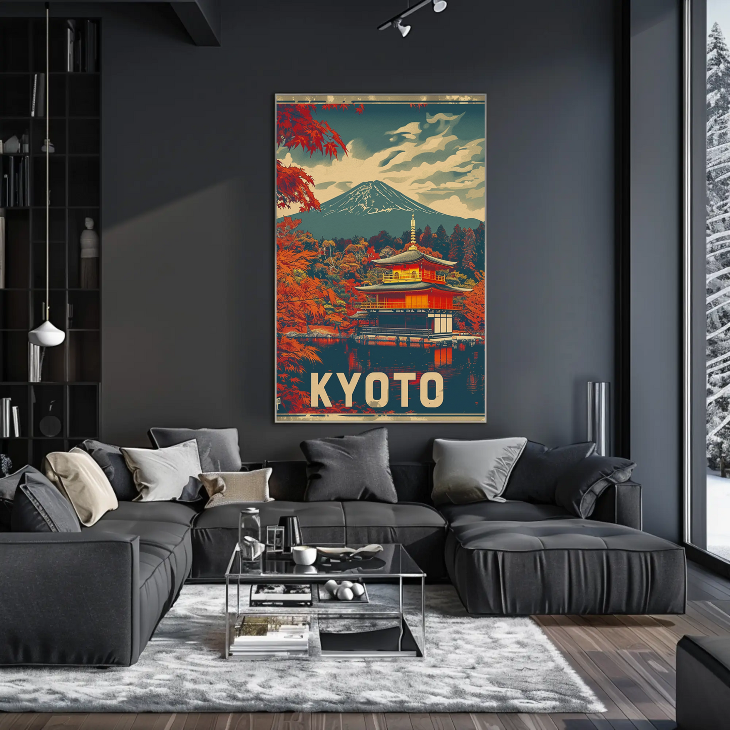 Kyoto Temple Autumn Mount Fuji Travel Poster