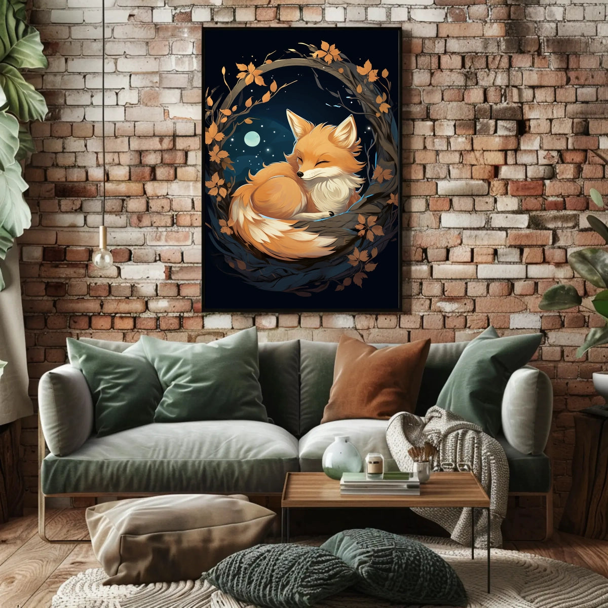 Moonlit Serenity Fox Autumn Leaves Digital Painting Poster