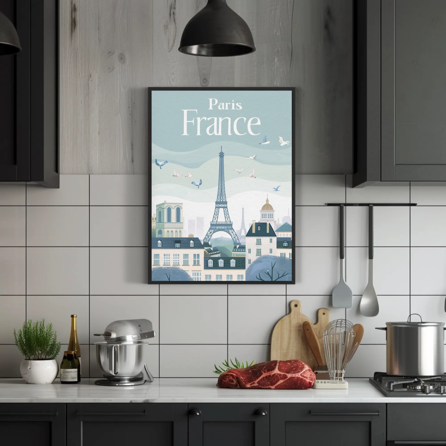 Paris France Vintage Poster - Eiffel Tower & Birds