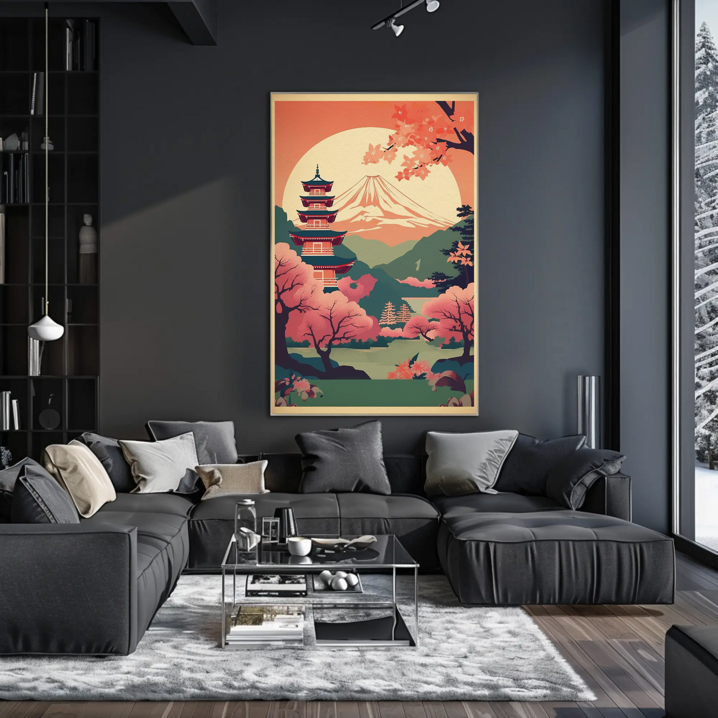 Japan Fuji Pagoda Sakura Moon Spring Sunset Travel Poster