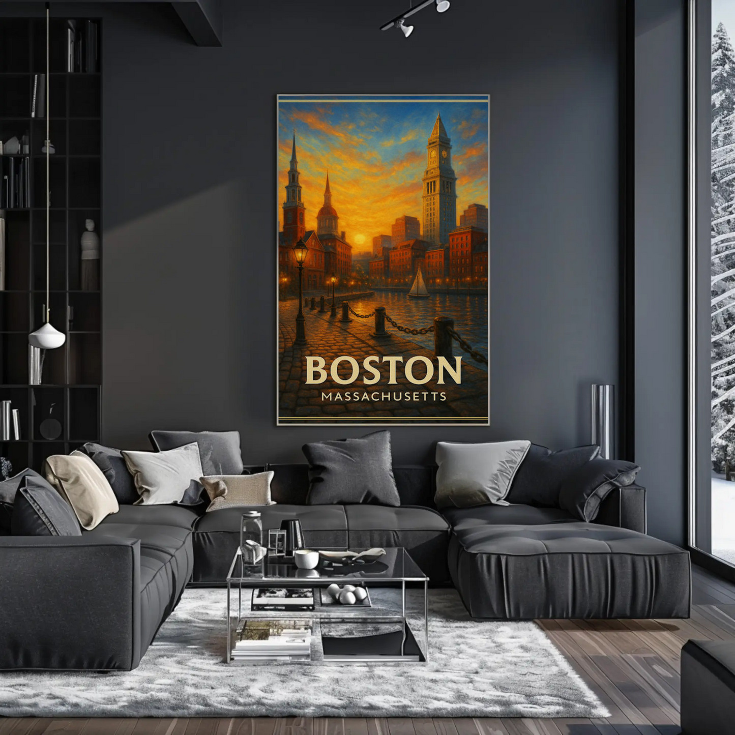 Boston Massachusetts Sunset Harbor Cityscape Travel Poster