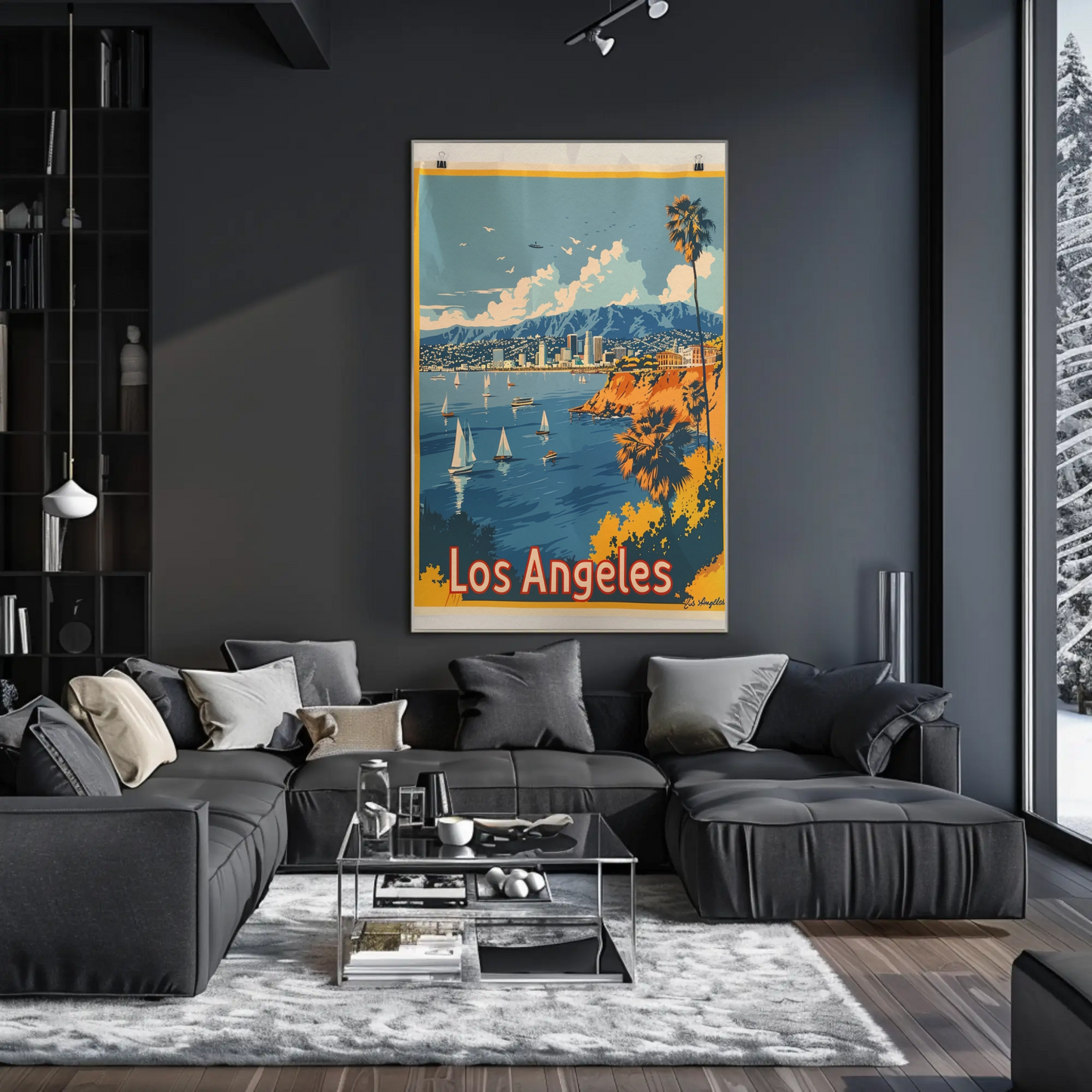 Los Angeles Coastline Sailboats Skyline Sunset Travel Poster