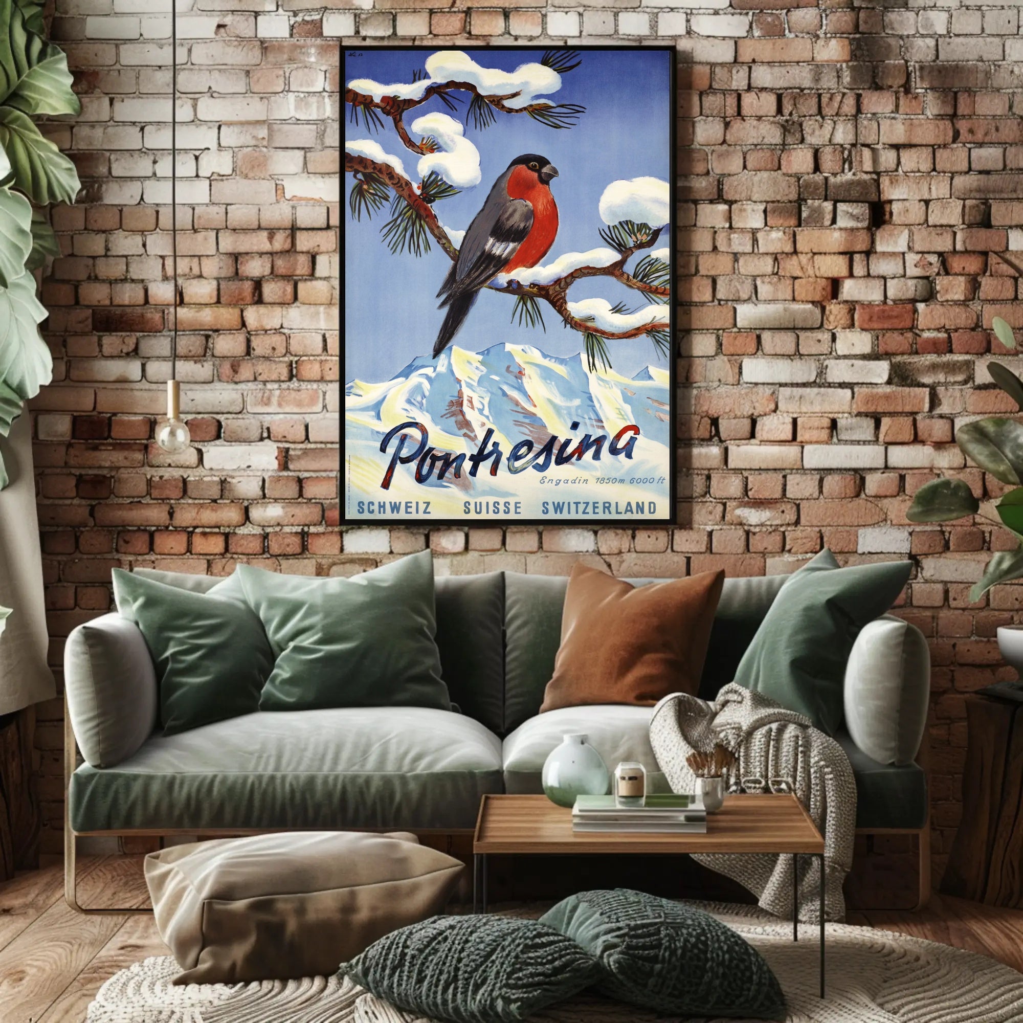 Vibrant Bullfinch Snowy Swiss Landscape Travel Poster PosterGoat