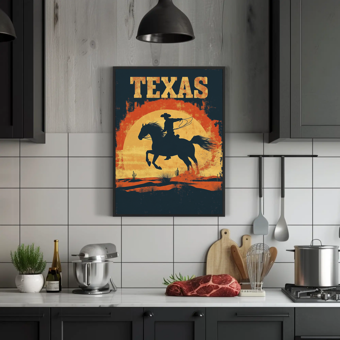 Texas Cowboy Sunset Vintage Travel Poster