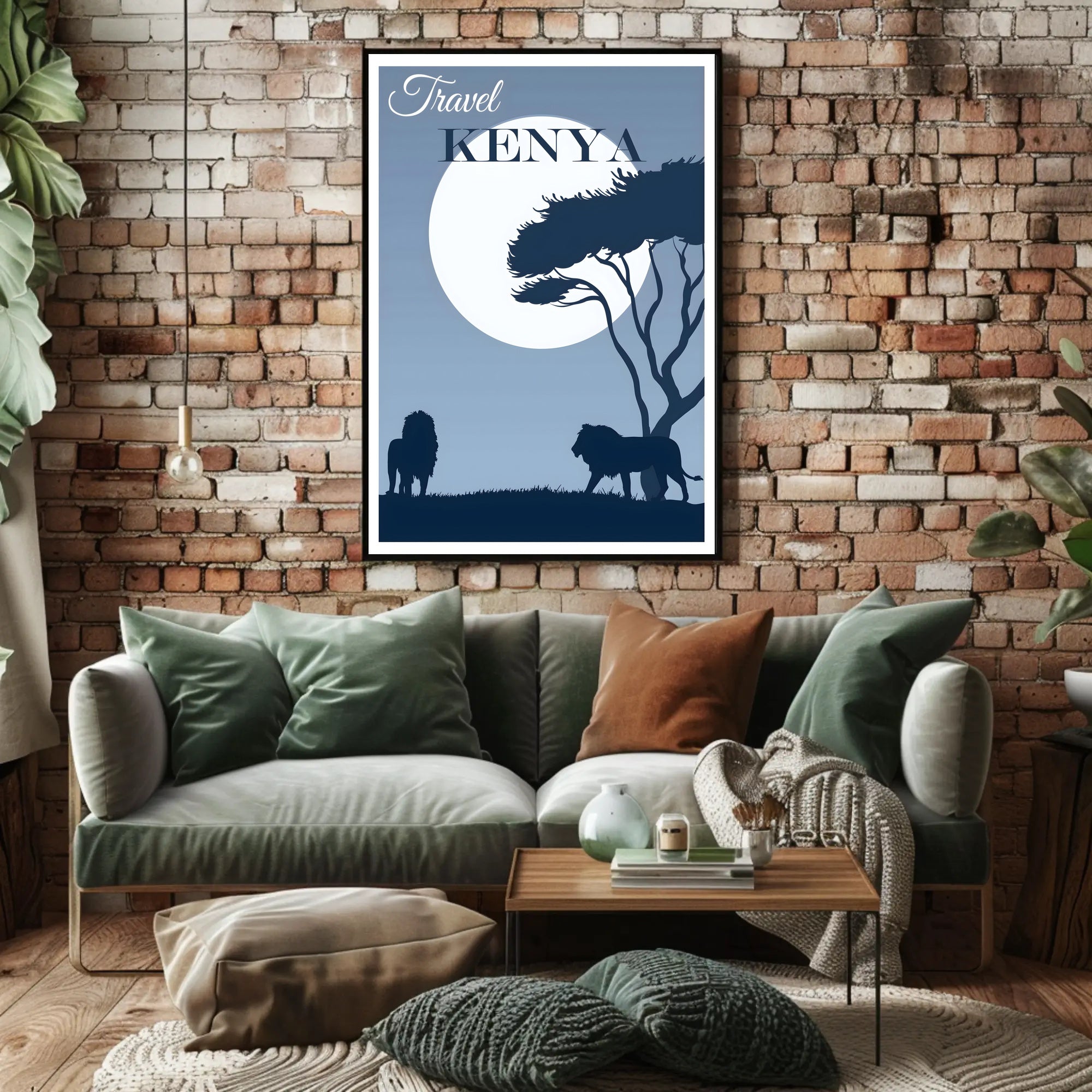 Kenya Silhouette Travel Print with Majestic Lions and Moonlight