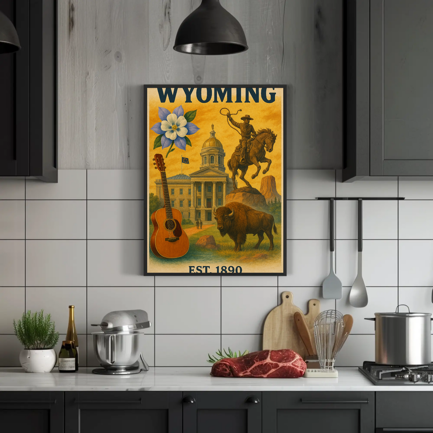 Wyoming Capitol Rodeo Guitar Bison Flower Vintage Travel Poster