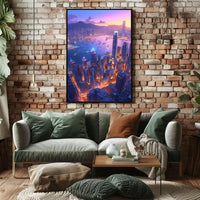 Futuristic Cityscape Poster: Neon Harbor at Dusk