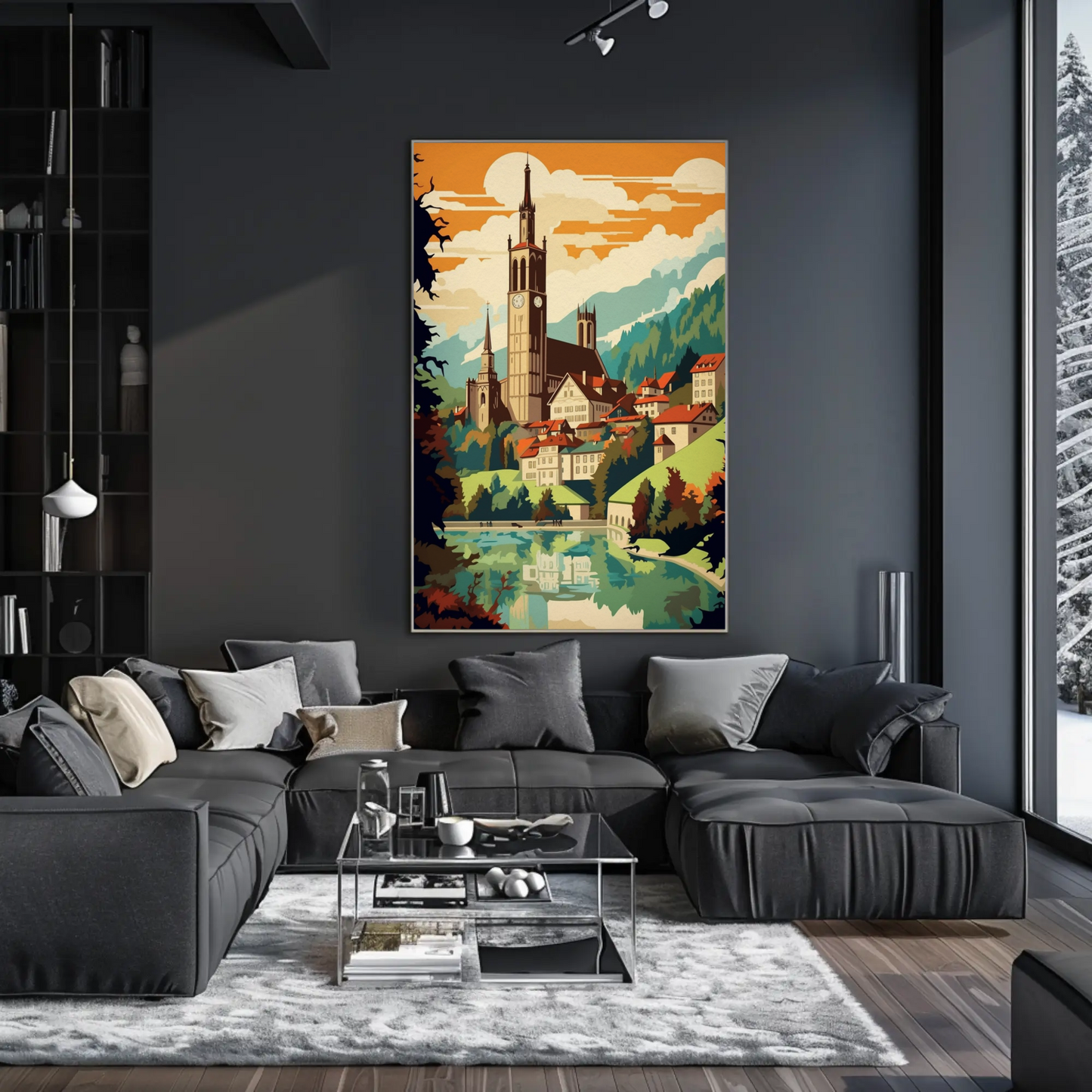 Alpine Village Church Tower Mountain View Travel Poster