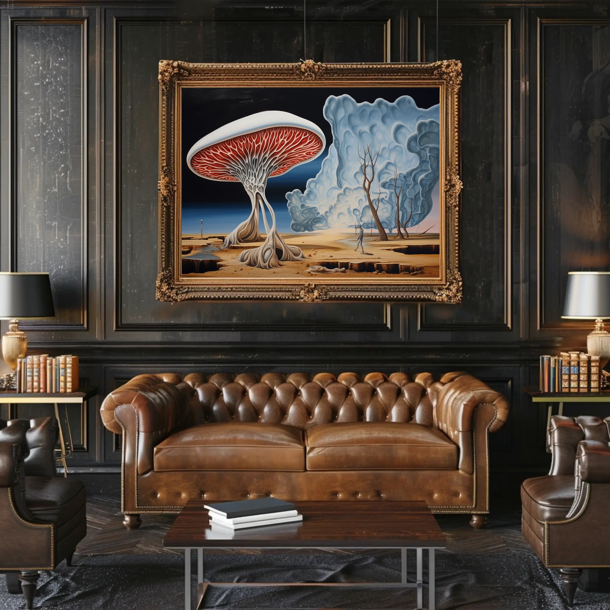 Surreal Landscape with Skeletal Wanderer Fantasy Poster