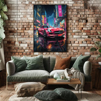 Futuristic Cityscape Sports Car Neon Lights Poster