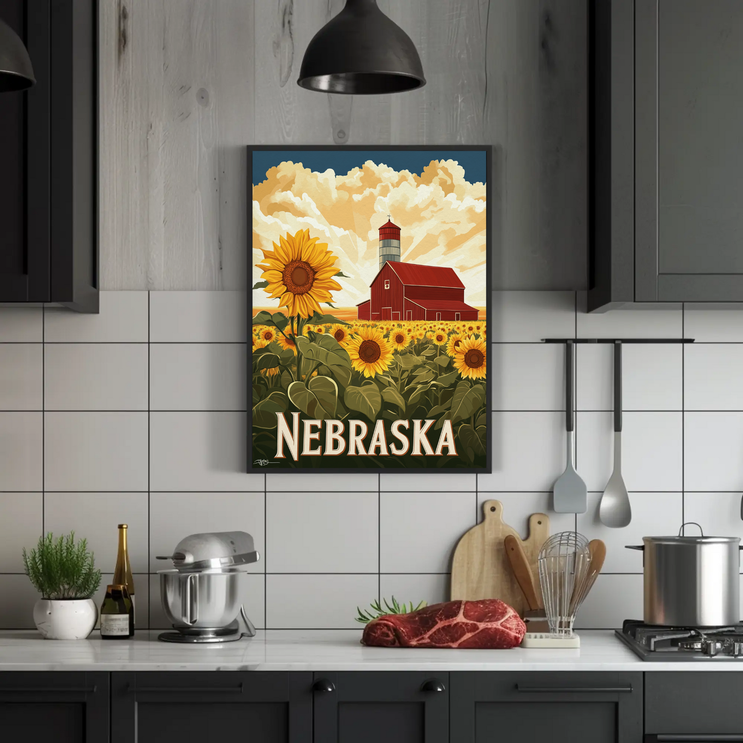 Nebraska Vintage Poster - Sunflower Barn