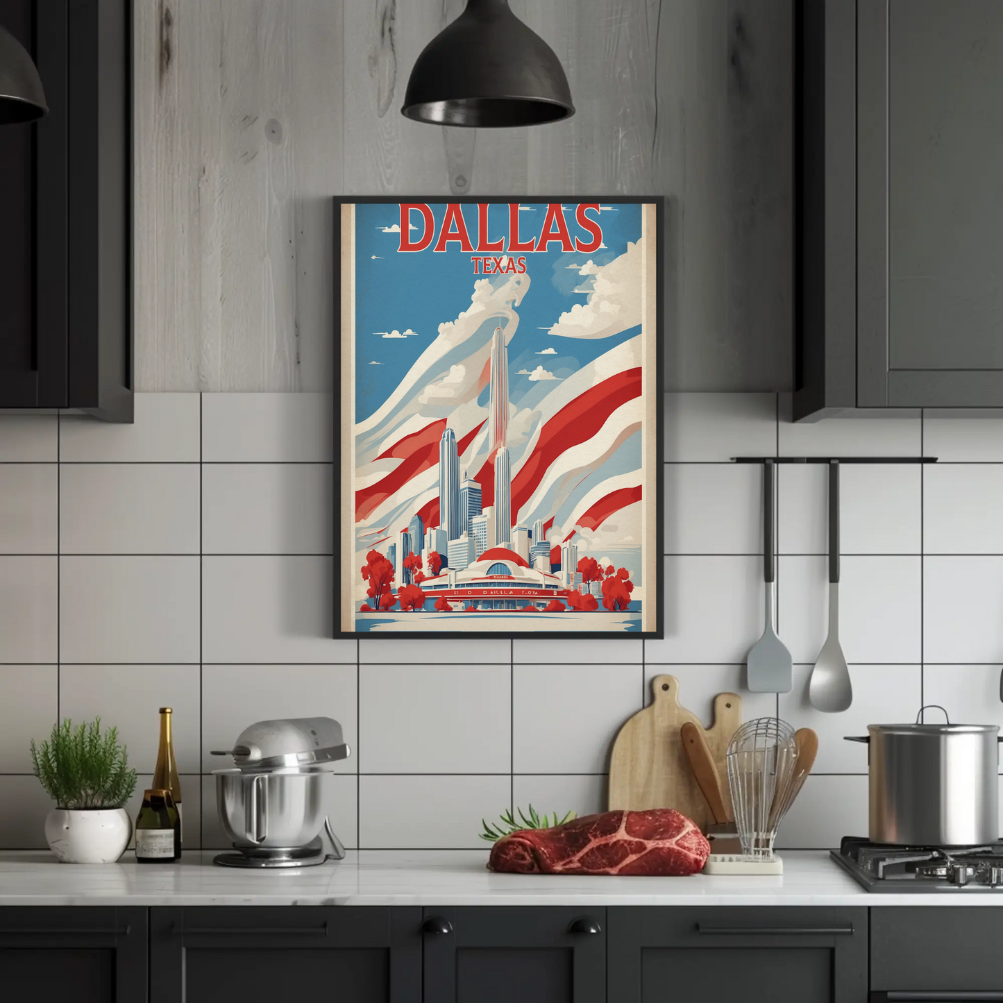 Dallas Texas Skyline Red White Blue Vintage Travel Poster
