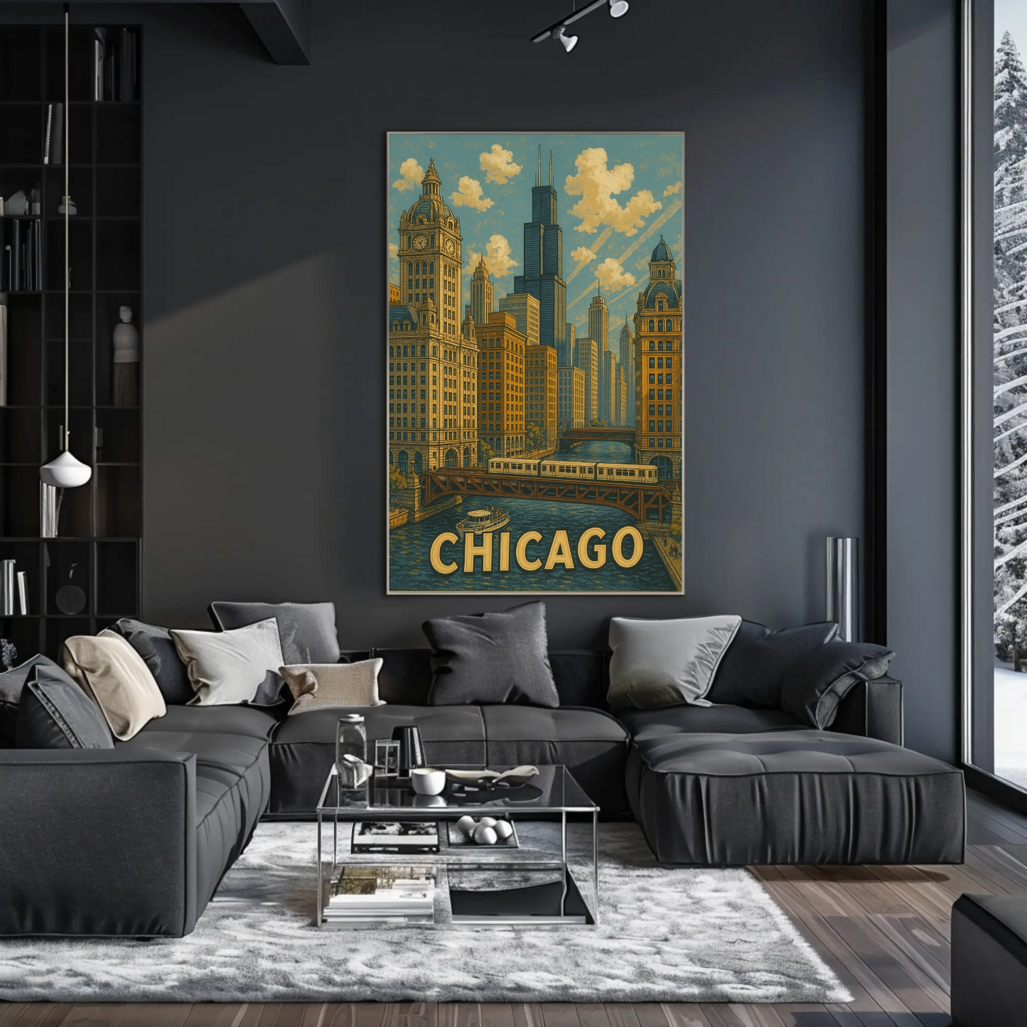 Chicago River Bridge Willis Tower Urban Travel Poster