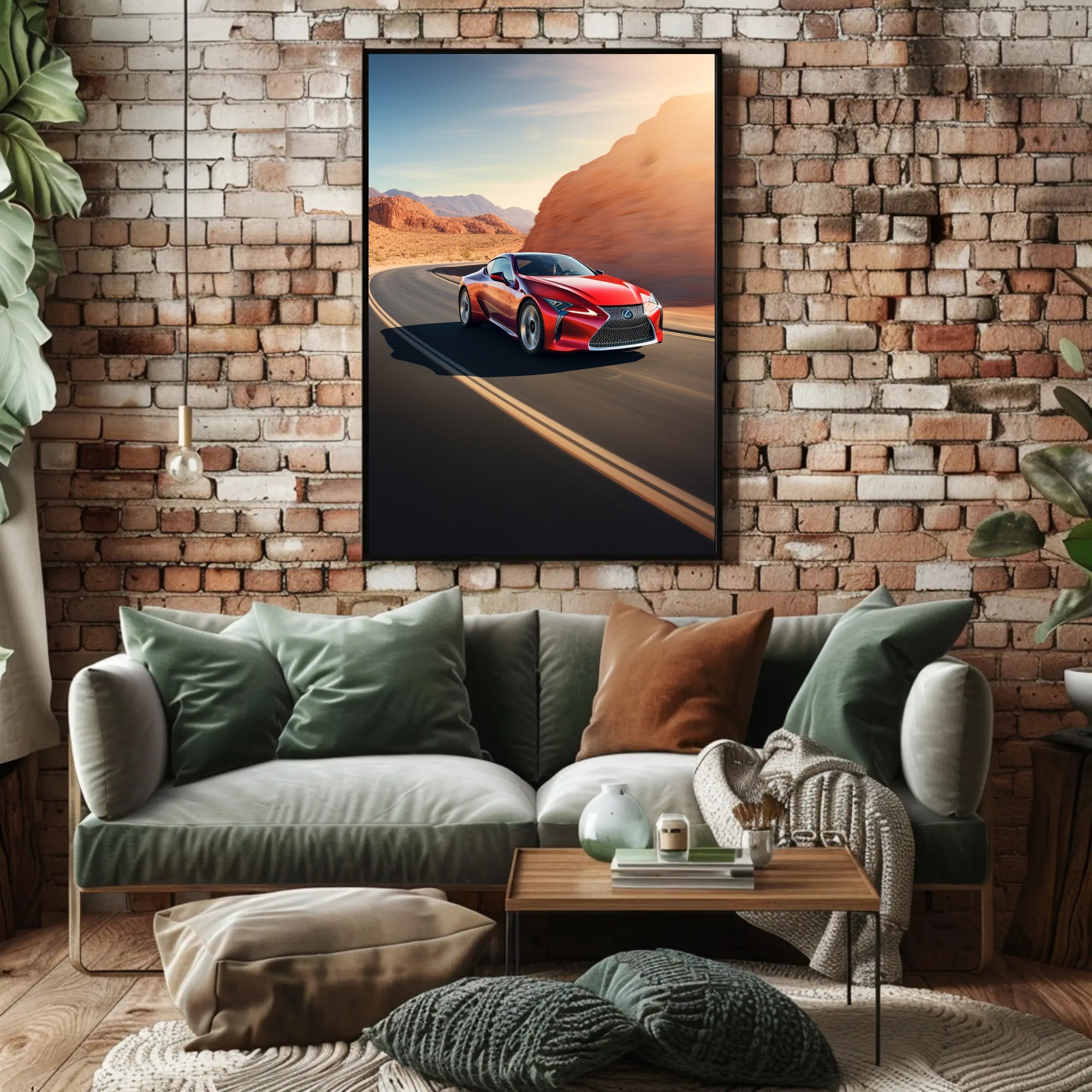 Sleek Red Sports Car on Desert Highway Poster PosterGoat
