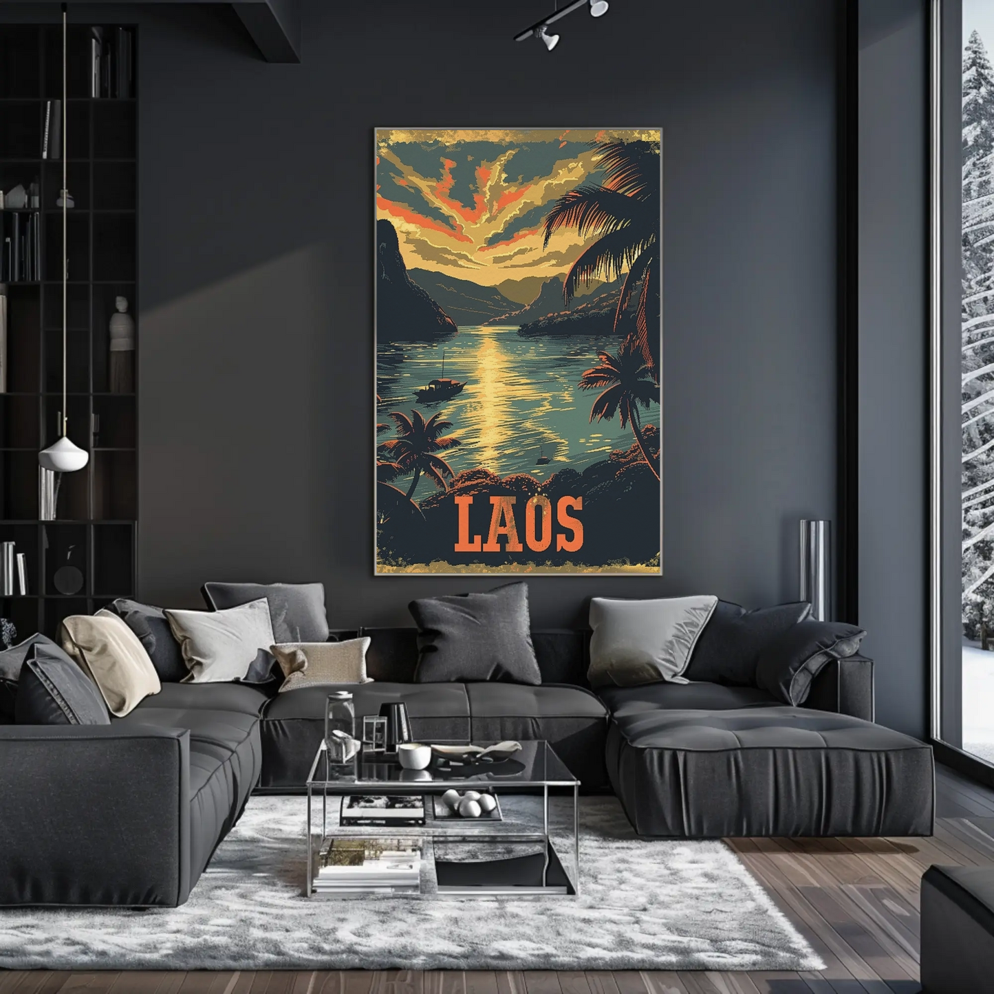 Laos River Sunset Palm Trees Landscape Travel Poster
