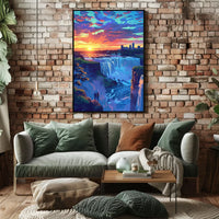 Majestic Waterfall Sunset with City Skyline Poster