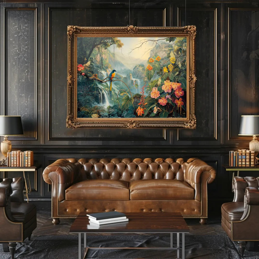 Vibrant Jungle Scene with Exotic Waterfalls Poster