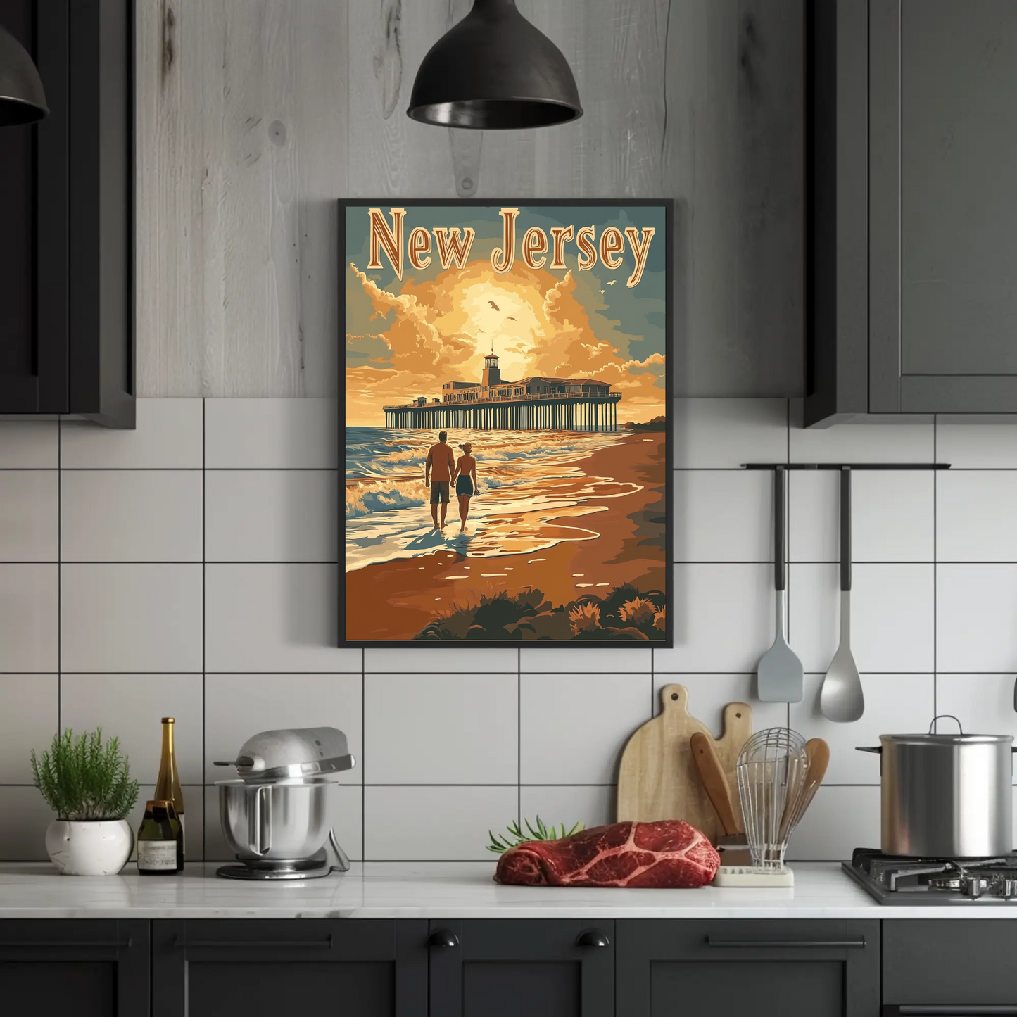 New Jersey Vintage Poster - Sunset at the Pier