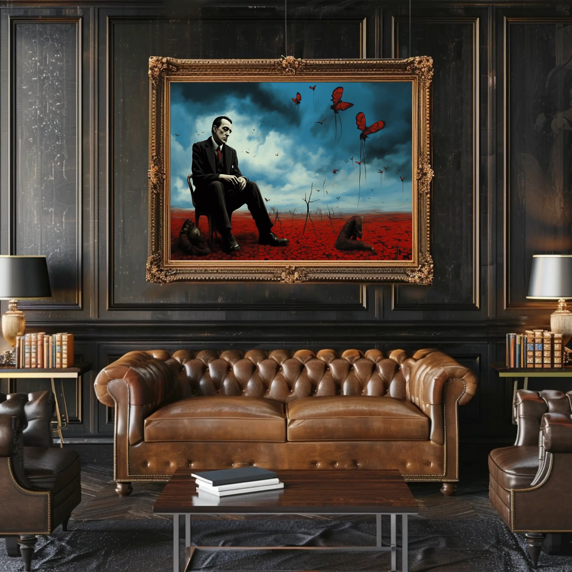 Contemplative Surrealism in Barren Landscape Artistic Poster