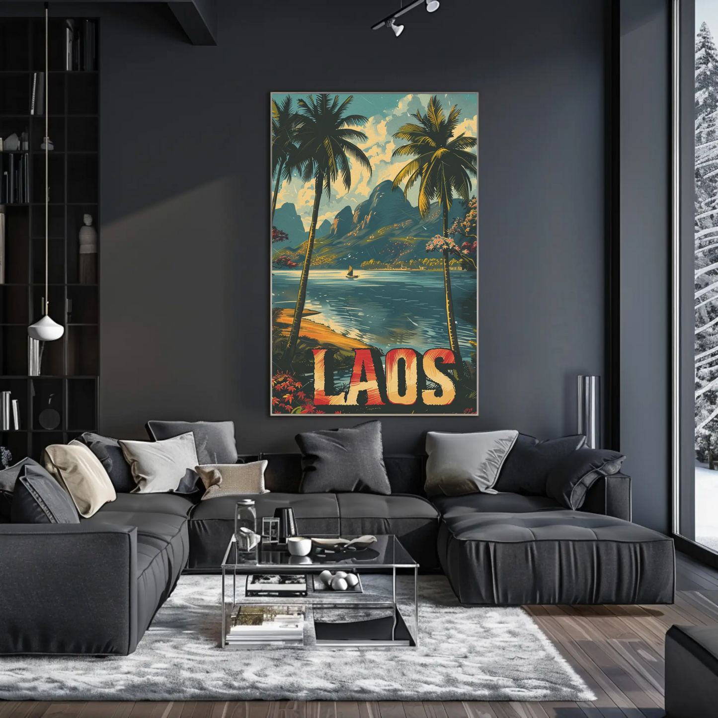 Laos Palm Trees River Mountain Jungle View Travel Poster