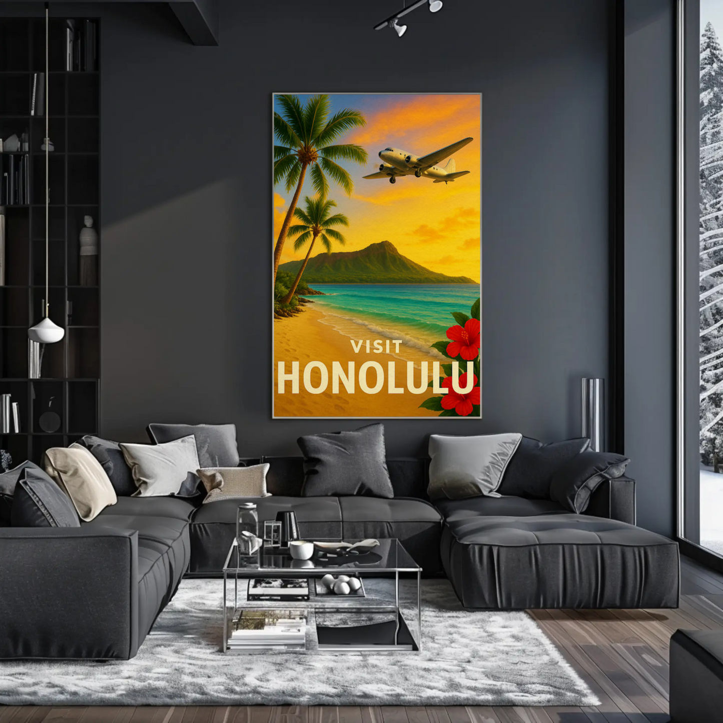Visit Honolulu Hawaii Vintage Plane Palm Beach Travel Poster