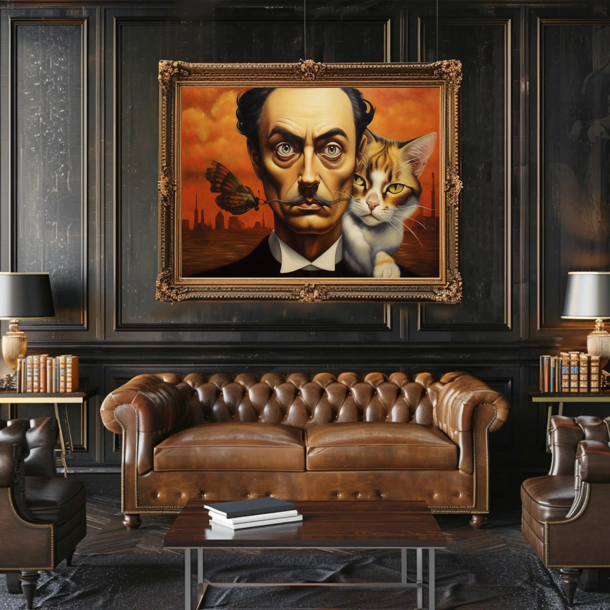 Surreal Urban Portrait with Man and Cat – Artistic Poster
