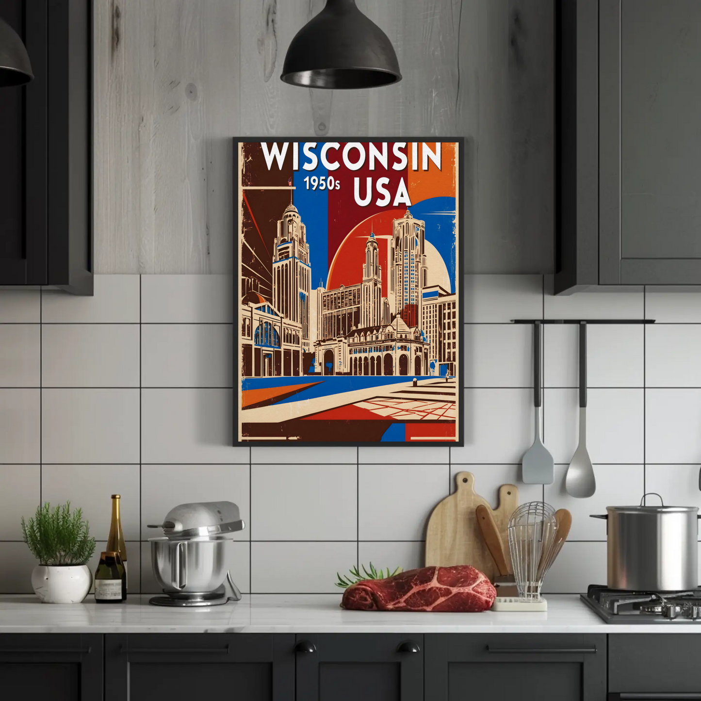 Wisconsin USA 1950s Urban Skyline Vintage Travel Poster