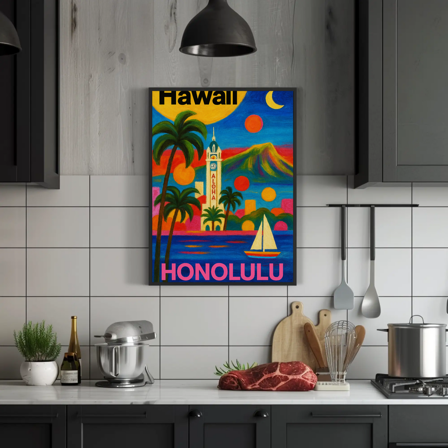 Honolulu Hawaii Skyline Retro Vintage Travel Poster