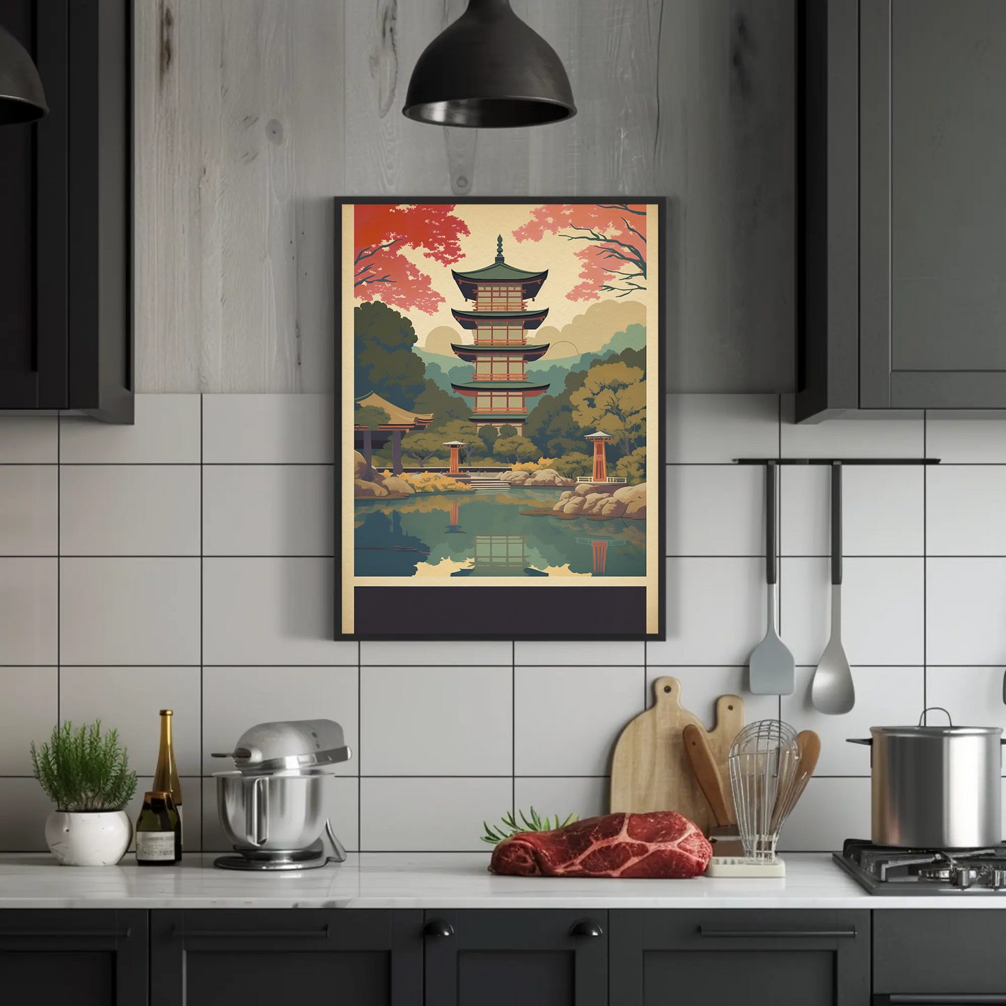 Japan Reflection Pagoda Lake Autumn Vintage Travel Poster