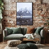 Serene Winter Mountain Cabin Landscape Poster