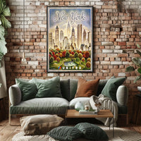 New York City Whimsical Skyline Poster Vintage Wall Decor
