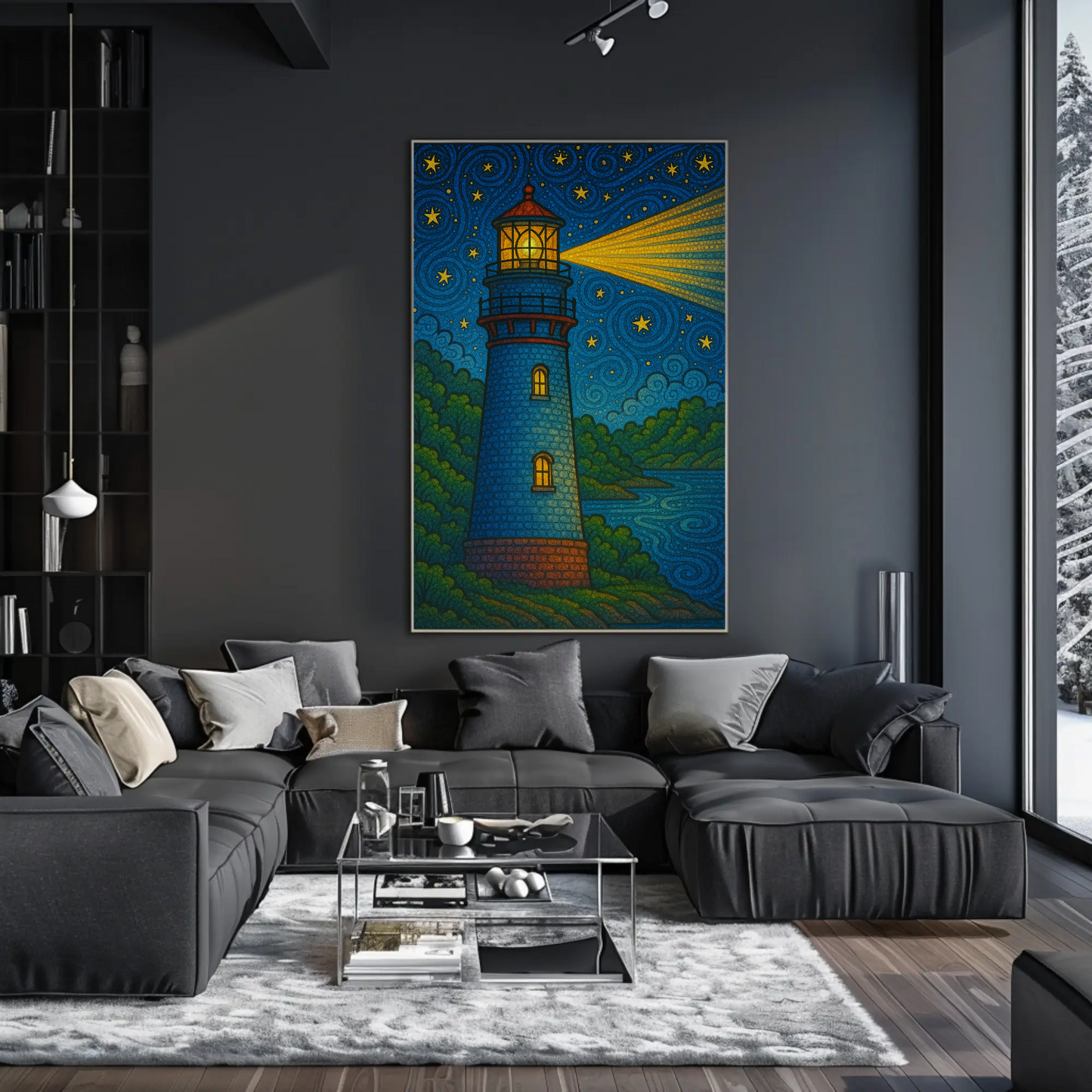 Lighthouse Night Stars Ocean Beacon Illustration Travel Poster