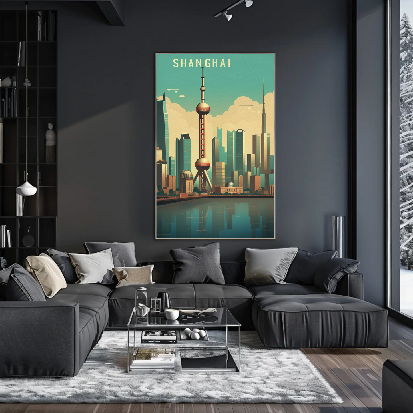 Shanghai China Futuristic Skyline Reflection Travel Poster