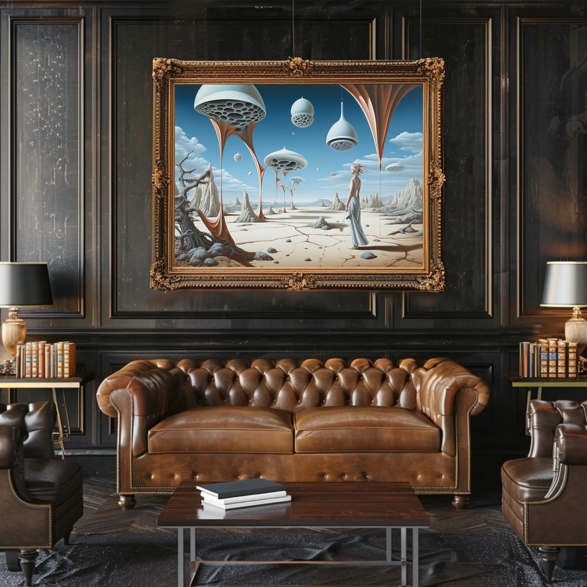 Surreal Desert Traveler with Futuristic Sci-Fi Poster