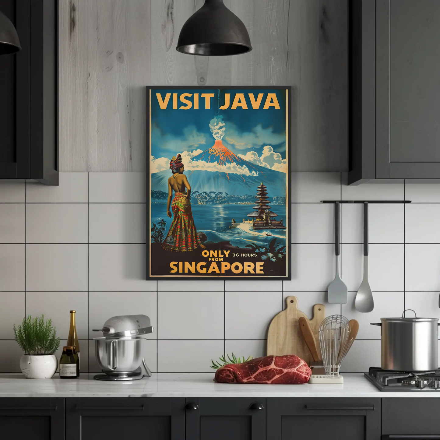 Visit Java Volcano Temple Woman View Vintage Travel Poster
