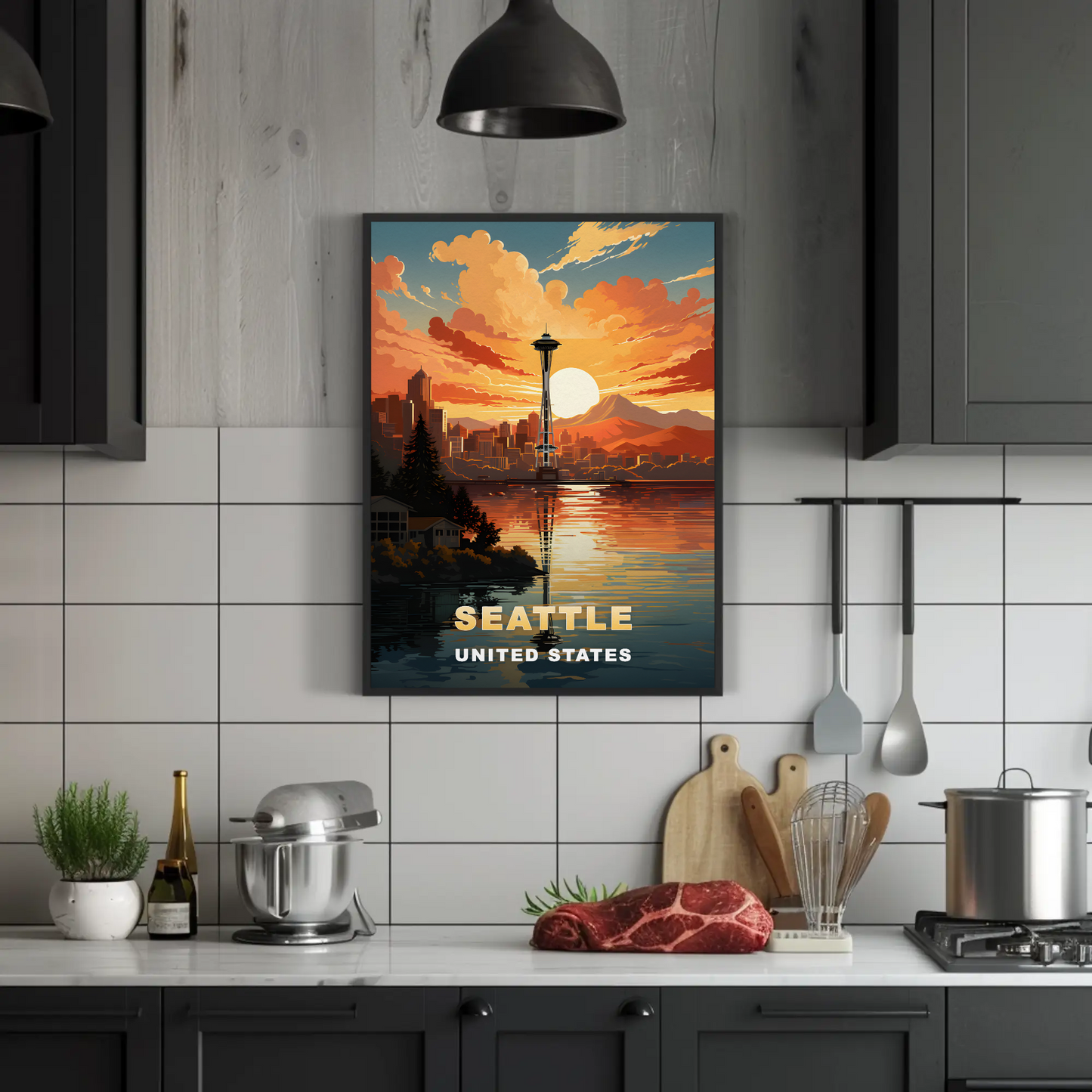 Seattle Washington Space Needle Sunset Vintage Travel Poster