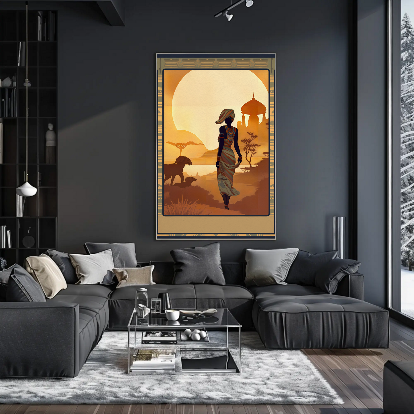 African Woman Wildlife Sunset Silhouette Travel Poster